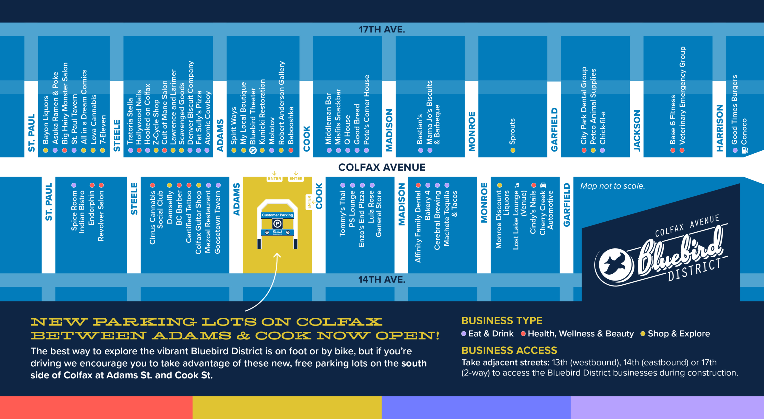 BluebirdBID-BusinessMap Map and listing of Businesses on Colfax from St. Paul to Colorado Blvd. New Parking lot at Adams and Colfax.